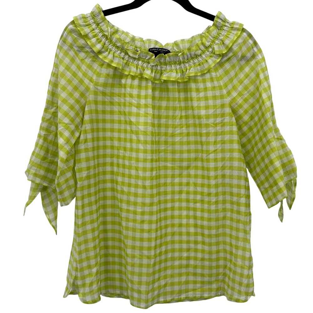 Luisa Cerano Silk Cotton Lime Green White Gingham‎ Plaid Ruffle Blouse Sz 6